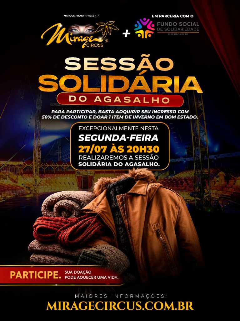 Sessão Solidária do Agasalho — 27/07 às 20h30. Compre ingresso com 50% de desconto e doe 1 item de inverno.
